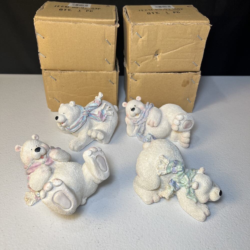 Set 4 Vintage Resin Polar Bears Figurines Christmas Tabletop Shelf Mantle Decor